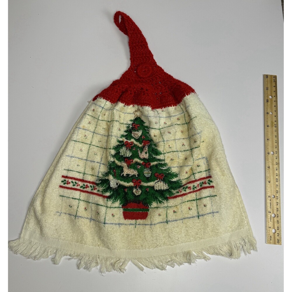 Vintage Christmas Hanging Hand Towel Crochet Top Tree Kitchen Bathroom Decor